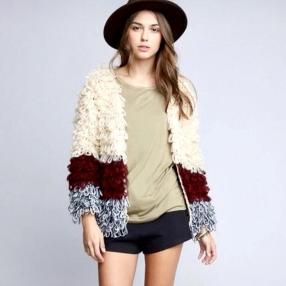 NWT Hayden Los Angeles Shaggy Chunky Knit Open Front Colorblock Cardigan‎ Sz M/L